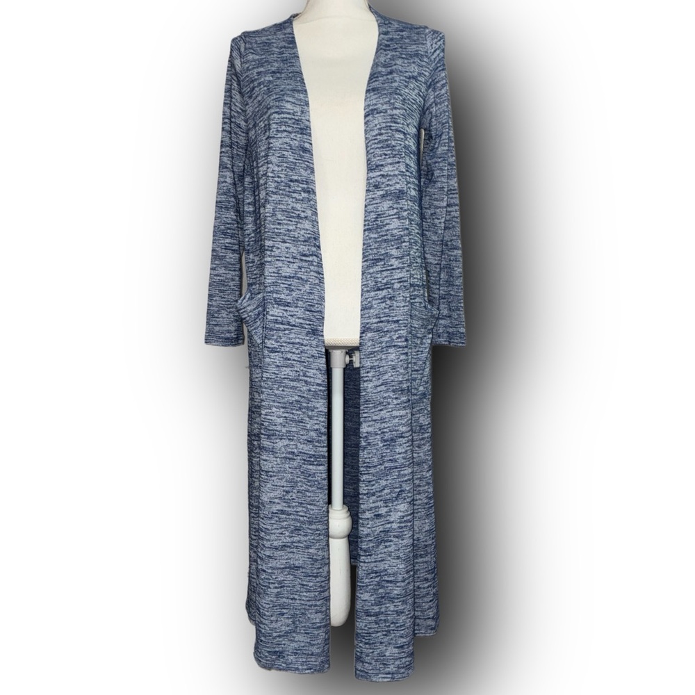 Open Front Heathered Blue Long Sleeve Duster Cardigan Fall Vibes